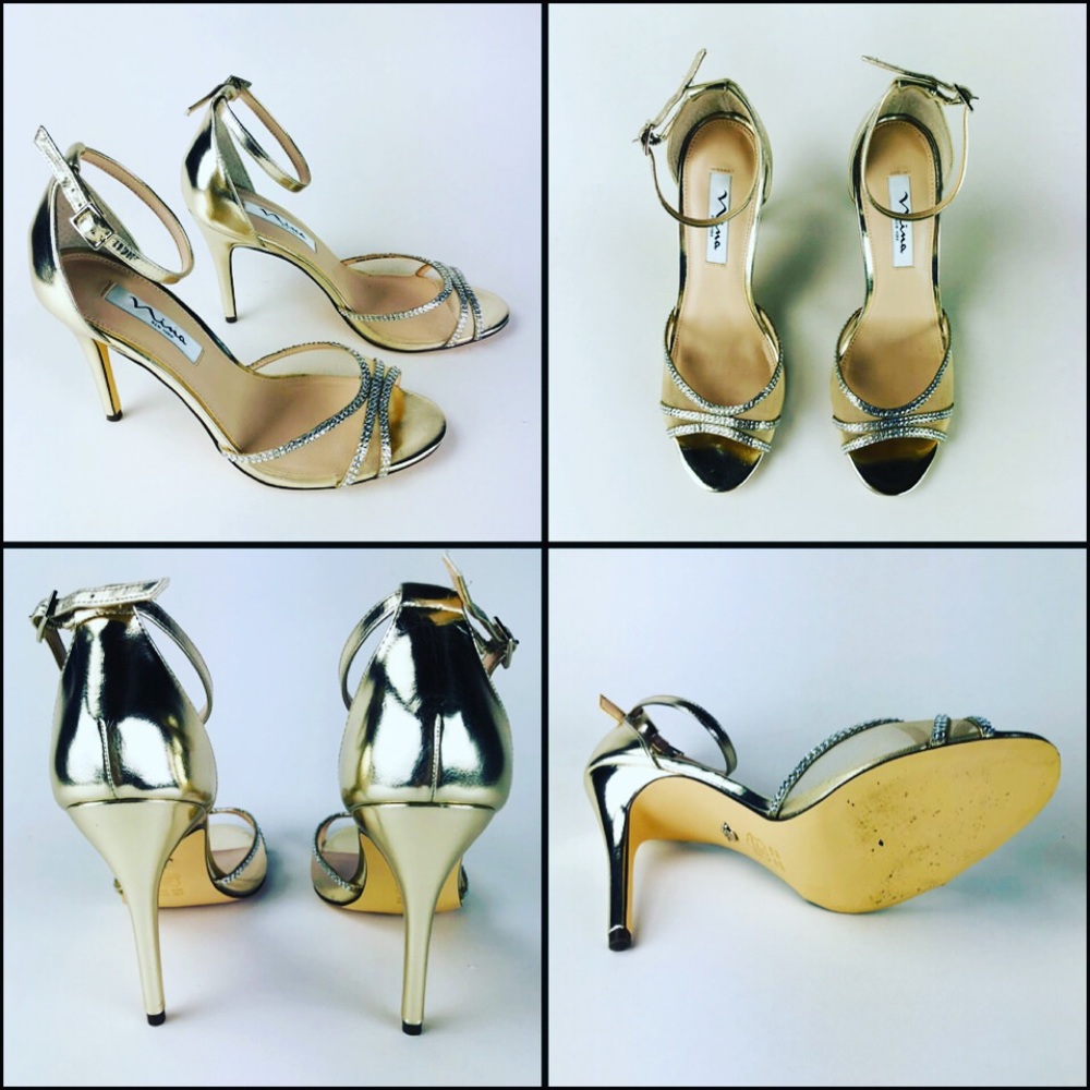 Nina Calise Gold Metallic Embellished Sandals Dressy Holiday Women Size 8.5M